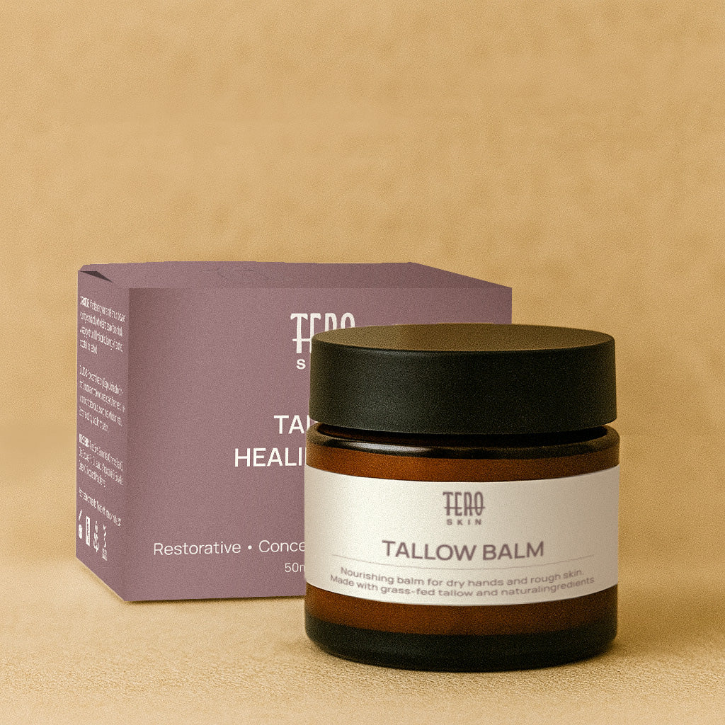 Tallow balm jar with black lid and brown container on a beige background