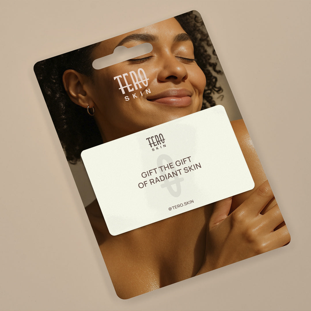 TERO SKIN product packaging with a woman's face on a beige background. Gift Card