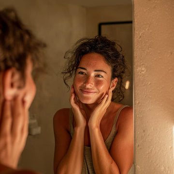Woman smiling and touching her face in front of a mirror. beef tallow results