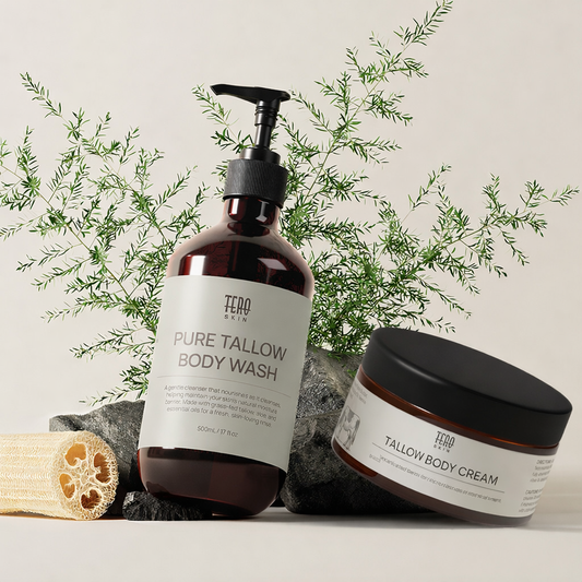 Tallow body wash and cream with natural elements on a light background Keratosis pilaris treatment